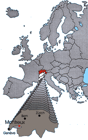 Carte montrant la Suisse et Montreux en Europe (31Kb)